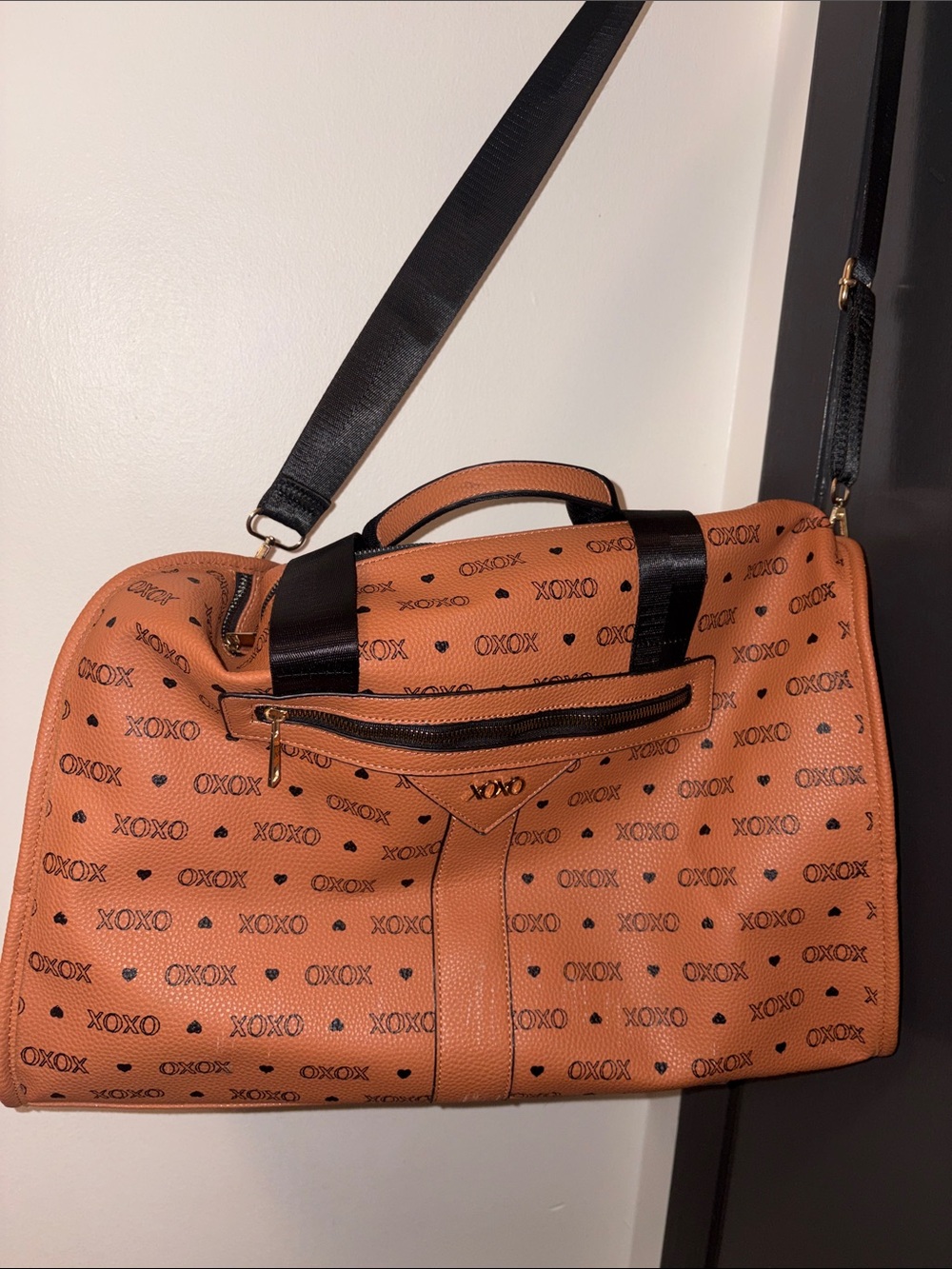 Tan XOXO Patterned Travel Duffel Bag with Black Straps